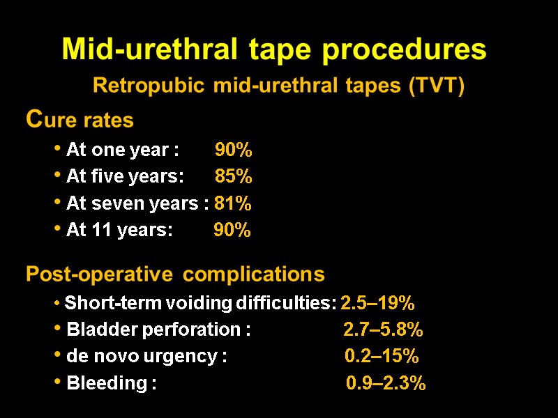 Mid-urethral tape procedures  Retropubic mid-urethral tapes (TVT)  Cure rates  At one